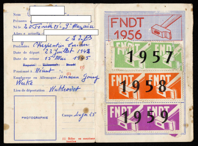 Carte de déporté du travail de l'association départementale 1956-1959, section de Saint-Joachim