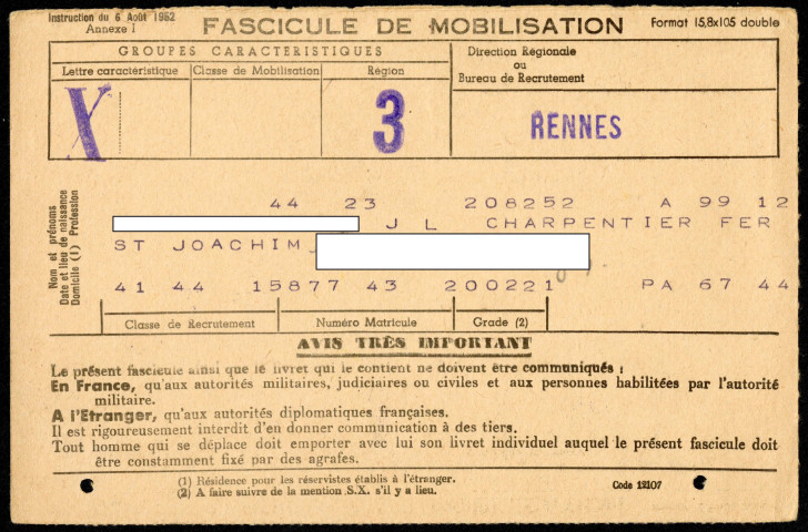 Fascicule de mobilisation d'un réserviste classe 1941 matricule 44 15 877