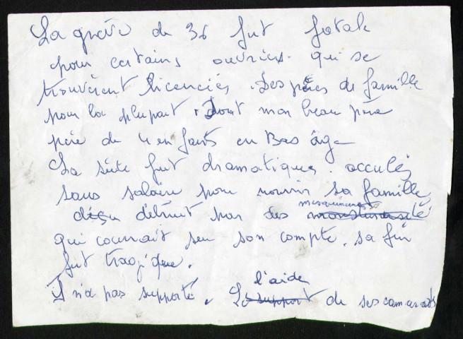 Contexte du suicide de Gaston Georges et récit de ses obsèques : notes manuscrites.