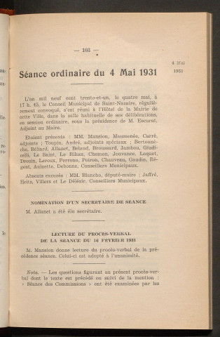 Séance ordinaire du 4 mai 1931 - pages 103-162