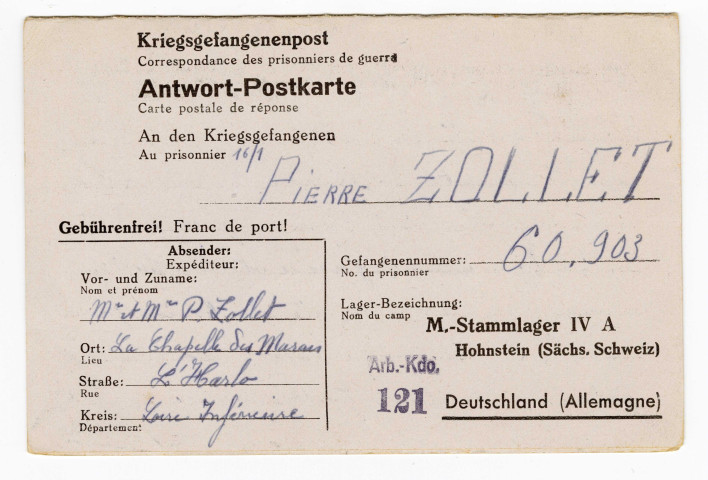 6 correspondances de la part de Pierre Zollet fils à ses parents La Chapelle des Marais en Loire Inférieure : carte postale