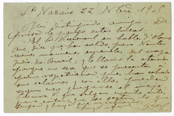 Carte postale adressée à Julio Balbois, vice-consul d'Espagne à Nantes en 1905