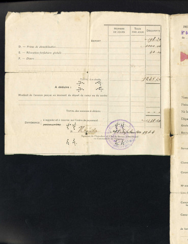 Situation militaire : déclaration concernant tout militaire interné ou prisonnier, avec indications des dates et lieux de service militaire, d'internement comme prisonnier, et de libération.