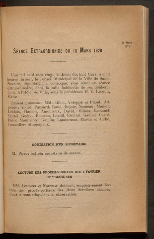 Séance extraordinaire du 18 mars 1920 - pages 193-285