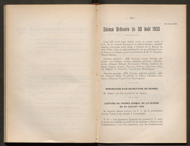 Séance ordinaire du 30 août 1933 - pages 273-337