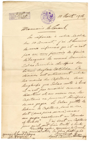 Courrier pour le consul d'Espagne à Saint-Nazaire et rédigé par un agent consulaire britannique concernant une demande de débarquement du chauffeur d'un bateau anglais.