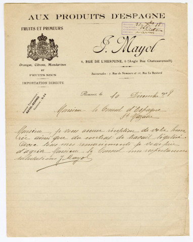Courrier rédigé par J. Mayol (directeur de l'entreprise Aux produits d'Espagne) à destination du consul d'Espagne à Saint-Nazaire concernant un contrat de travail