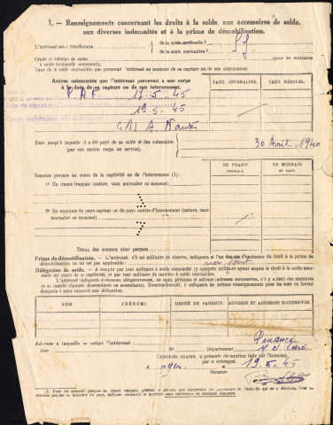 Déclaration à souscrire par tout militaire (renseignements concernant les droits à la solde) de Pierre Zollet (recto-verso)