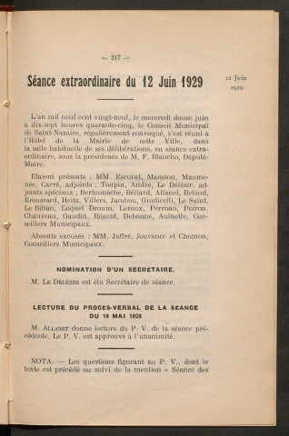 Séance extraordinaire du 12 juin 1929 - pages 217-278