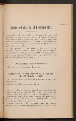 Séance ordinaire du 29 novembre 1922 - pages 399-476
