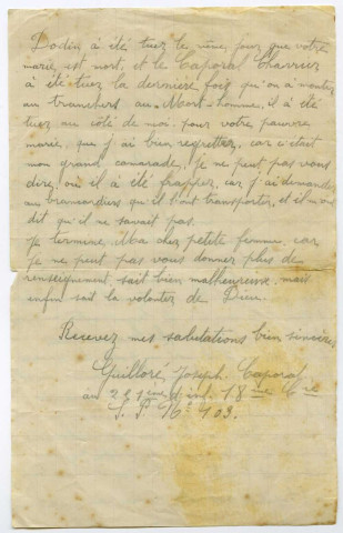 Courrier du caporal Joseph Guilloré, camarade de Donatien Desmas adressé à Marie Desmas, épouse de Donatien Desmas.
