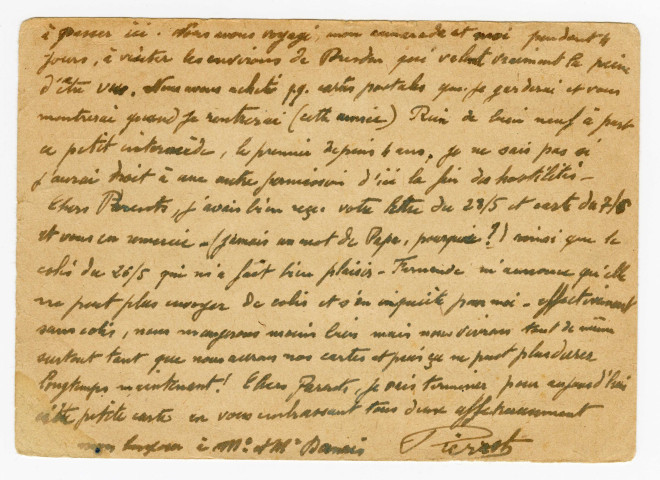 6 correspondances de la part de Pierre Zollet fils à ses parents La Chapelle des Marais en Loire Inférieure : carte postale