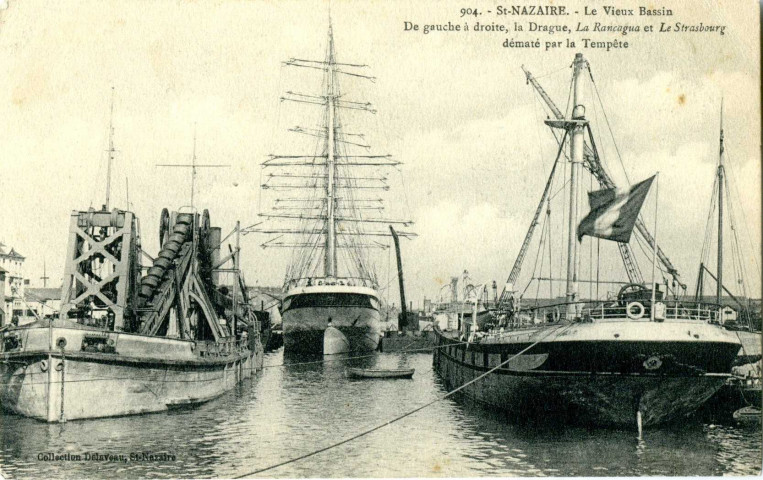 Saint-Nazaire. - Le Vieux Bassin - De gauche à droite, la Drague, La Rancagua et Le Strasbourg dématé par la Tempête (N°904)