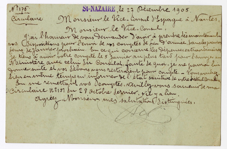 Carte postale adressée au vice-consul d'Espagne à Nantes le 27 décembre 1905 concernant les comptes de fin d'année
