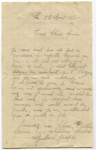 Correspondance du caporal Joseph Guilloré, camarade de Donatien Desmas adressé à Marie Desmas