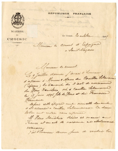 Deux courriers de la mairie du Croisic à destination du consul d'Espagne à Saint-Nazaire concernant des demandes d'actes de naissance